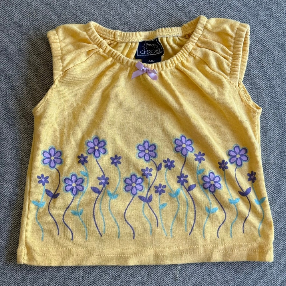 Vintage Cherokee Toddler Girls Yellow Floral Sleeveless Top Size 24M Purple Bow